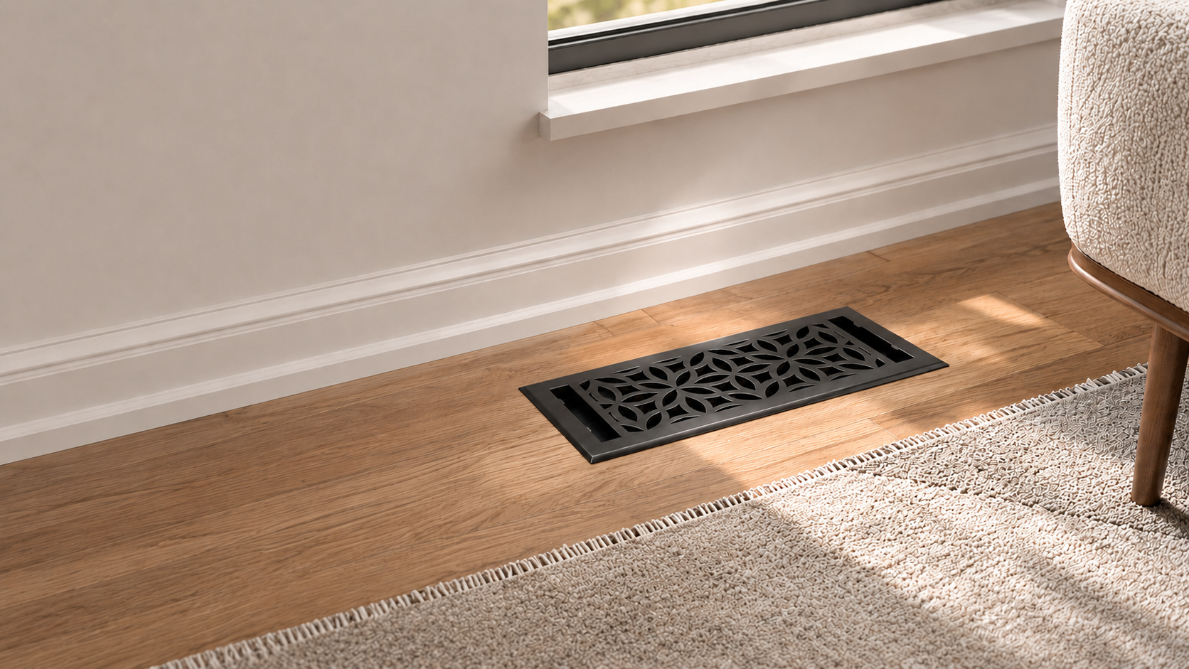 Decorative floor vent on a wooden floor with a rug and chair in the background